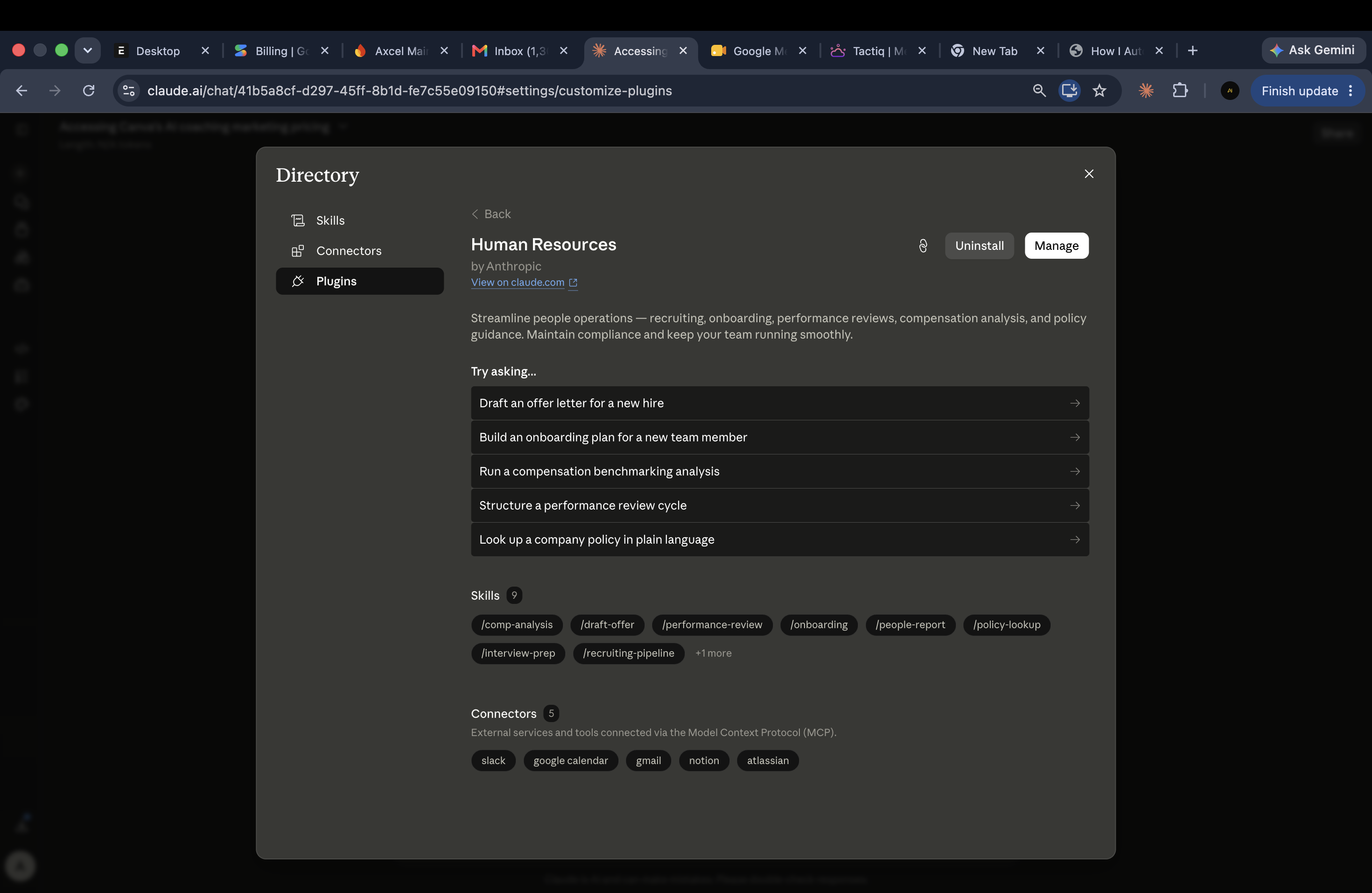Claude Human Resources plugin details with HR skills and connector options