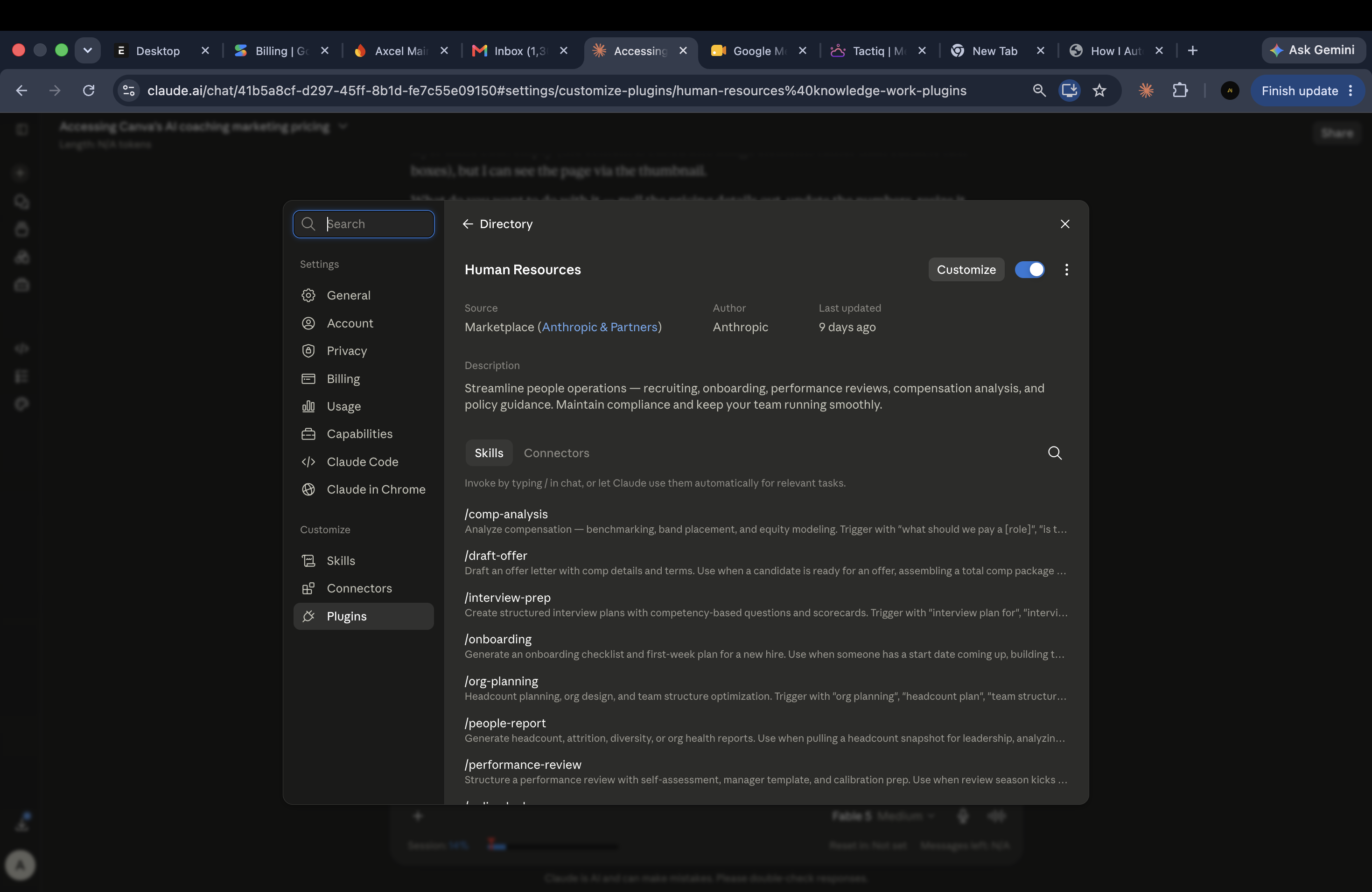 Customize button and skills list in the installed Claude Human Resources plugin