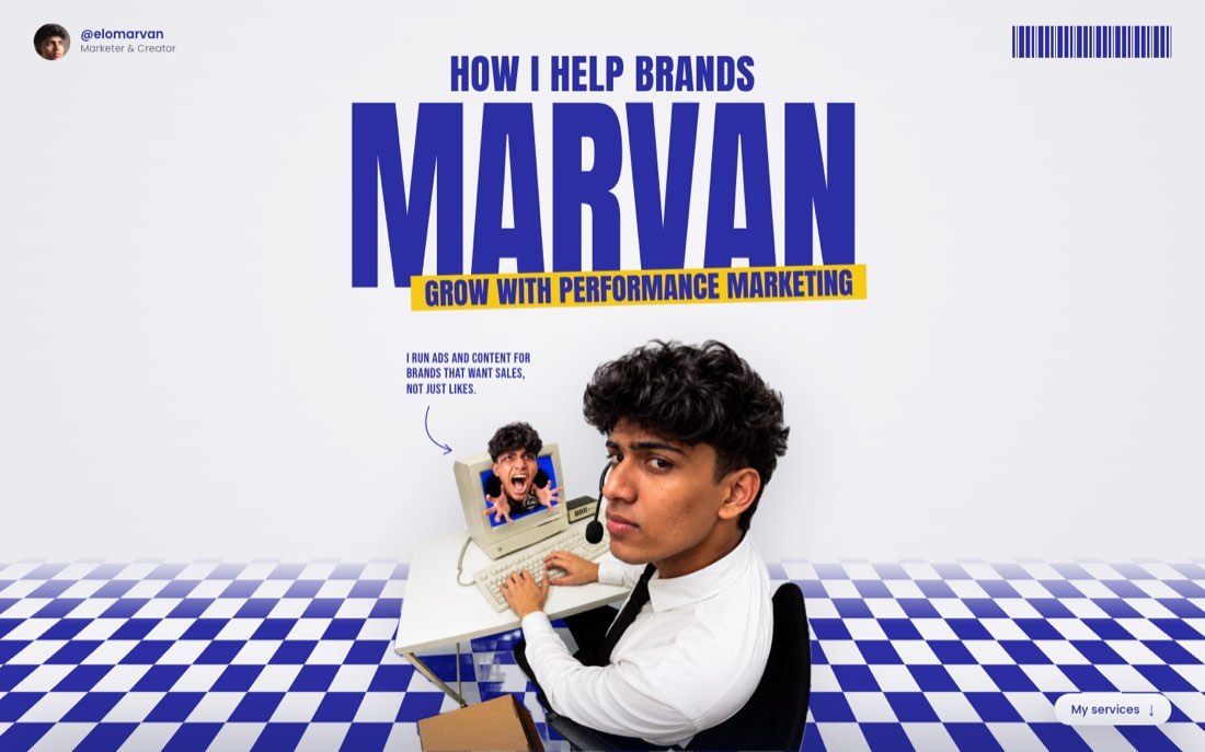 Elomarvan portfolio: a large blue Marvan headline, yellow highlight and portrait over a chequered floor
